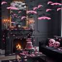 Liliful 50 Pcs 3 Size Halloween Hanging Bats Decorations Creepy Flying Rubber Bats Decor Realistic Figurine for Halloween Indoor Outdoor Party Supplies Prank Toy Haunted Decoration(Pink)