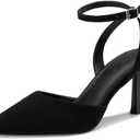 Athlefit Women's Closed Pointed Toe 3 Inch High Heels Ankle Strap Stiletto Heel Wedding Party Dress Pumps Shoes, Black Nubuck Size 9.5, SAPU2602W