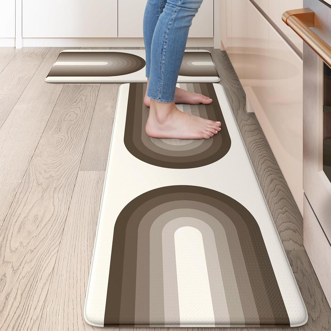 LEEVAN Rainbow Kitchen Mats for Floor Anti Fatigue,Waterproof Kitchen Rugs Sets of 2, Boho Non Slip Kitchen Rug, Cushioned Kitchen Floor Mats for Laundry Sink Office, Brown/White (17.3"x29"+17.3"x47"-0.47inch, Tan and White)