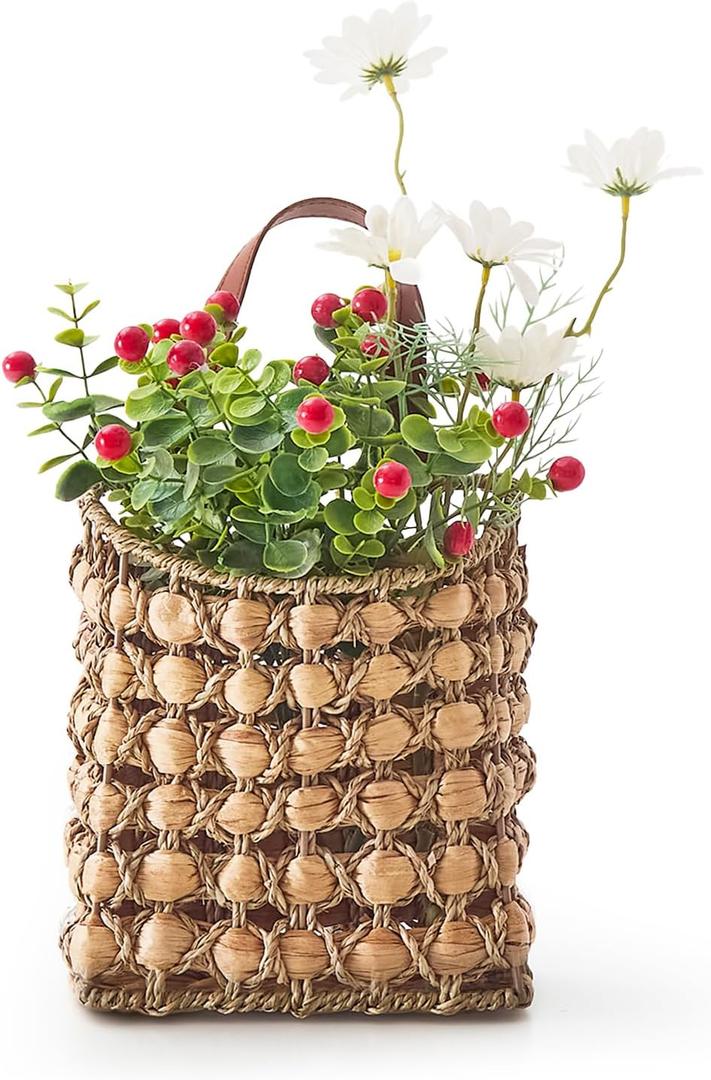 Wall Hanging Pocket Basket Portable Storage Basket Decorative Boho Mounted Organizer Dried Flower Plants Front Door Basket for Garden Farmhouse Home (Seagrass & Hyacinth)
