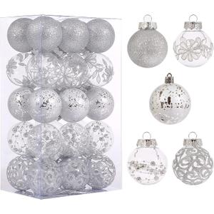 Christmas Ornaments Set, 30ct 2.36inch Assorted Clear Christmas Ornaments Shatterproof for Christmas Tree Decoration Silver Hanging Balls for Thanksgiving Xmas Wedding Party Home Indoor Outdoor Decor