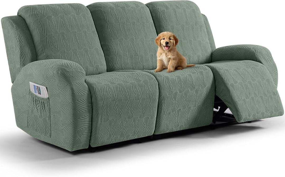 VANSOFY Recliner Couch Cover, 8-Pieces Stretch Recliner Sofa Cover Soft Jacquard Reclining Slipcover Furniture Protector with Elastic Bottom for Kid, Pets(3 Seat,Bean Green)