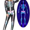JUST FOR PARTY Women Halloween Skeleton Costume, Double-Sided Rainbow Skeleton Jumpsuit, Blacklight Responsive By UV Light 12-14 (L)