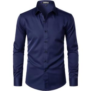 ZEROYAA Men's Long Sleeve Dress Shirt Modern Slim Fit Wrinkle-Free Casual Business Button Up Shirts (X-Large, Navy Blue)