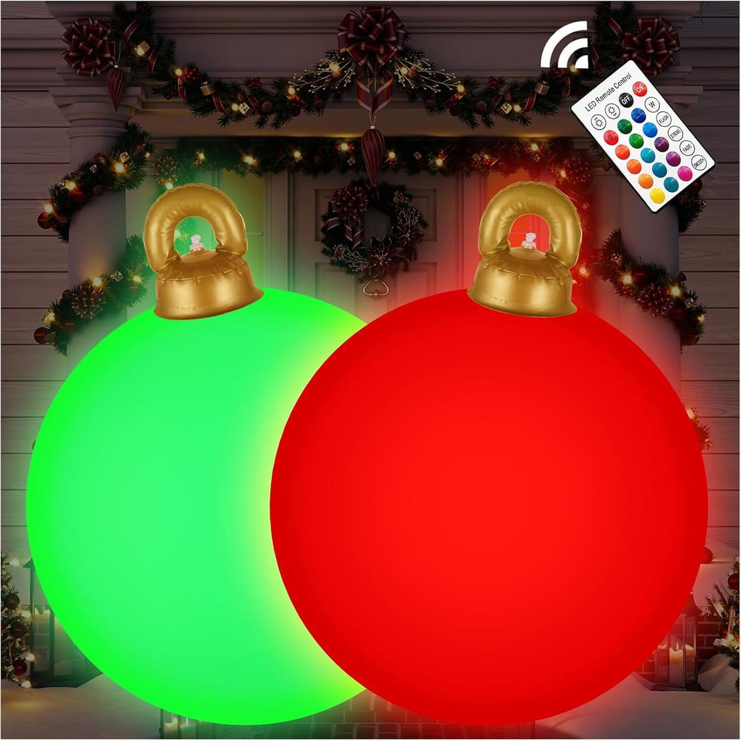 [Light up] Inflatable Ornaments Balls Outdoor 2Pcs: Flashes in Red | Green | Blue and Timer, 24 Inch Giant Christmas Inflatable Ornaments, Reusable PVC - Blow Up Ornament Balls for Yard, Porch, Party