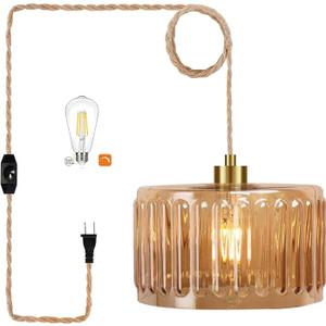 QIYIZM Plug in Pendant Light Hanging Lights with in Cord Mid Century Modern Gold Hanging Lamp Flower Glass Amber Vintage Dimmable Chandelier Ceiling Fixture for Living Room,Kitchen,Boho