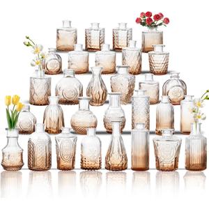 Glass Bud Vase Set of 30, Small Flower Vases, Glass Vases for Centerpieces, Vintage Home Table Decorations Bud Vases (30 Pcs, Amber)