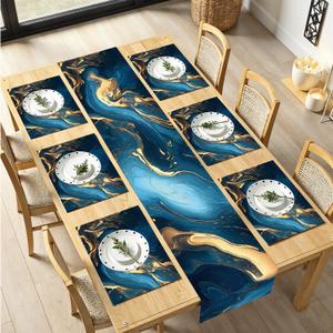 7-Piece Elegant Blue & Gold Marble Table Runner and Placemat Set Abstract Art Design Includes 1 Table Runner (13"x72") & 6 Placemats (12"x18") Modern Dining Table Decor