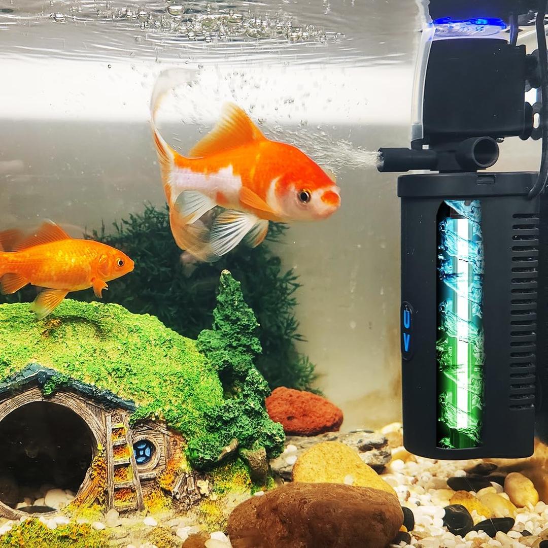 Aquarium Filter for 10-45 Gallon Tank, U-V Fish Tank Green Clean Machine Submersible Powerful Pump Canister Filter 158GPH for Pond Turtle Tank Saltwater Freshwater Crystal Clear Green Killing