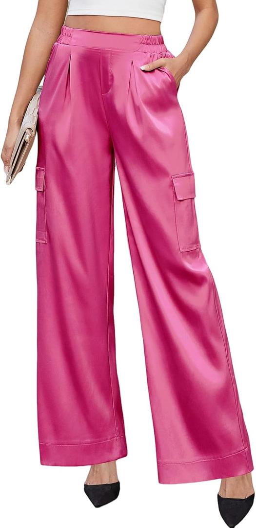 ZAFUL Womens Satin Pants Wide Leg High Waisted Cargo Pants Silky Dressy Casual Slack Trousers (Pink, XXL)