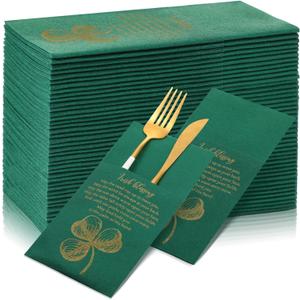Tenceur 50 Pcs St. Patrick's Day Irish Blessing Paper Napkins 16x16'' Disposable Green Paper Napkins with Built in Flatware Pocket for Family Dinner Party Supplies Restaurants Daily Dinners