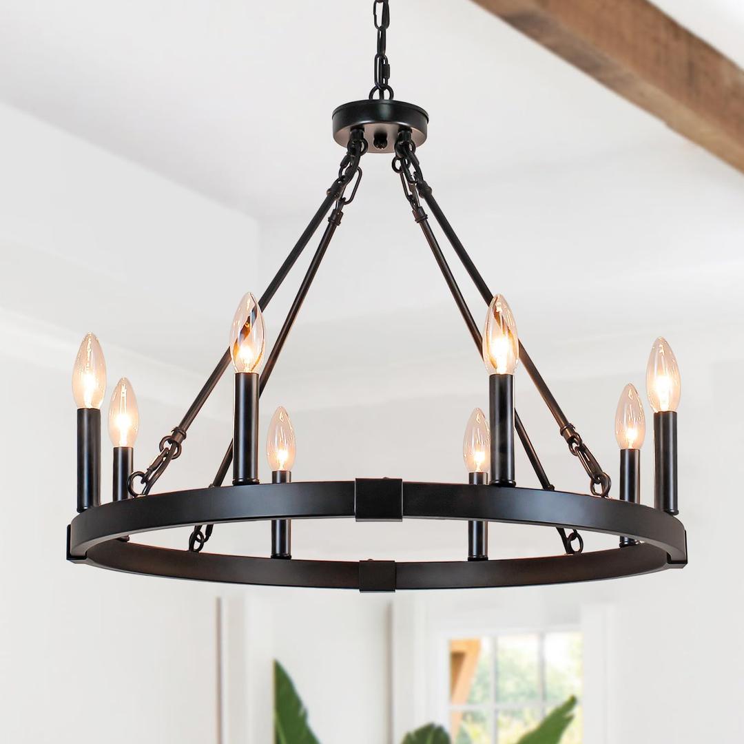 23.6" Black Wagon Wheel Chandelier - 8 Light Candle Style Farmhouse Pendant Light, Round Dining Room Light Fixture for Kitchen Island, Entryway, Foyer, and Living Room, Vintage Rustic Design