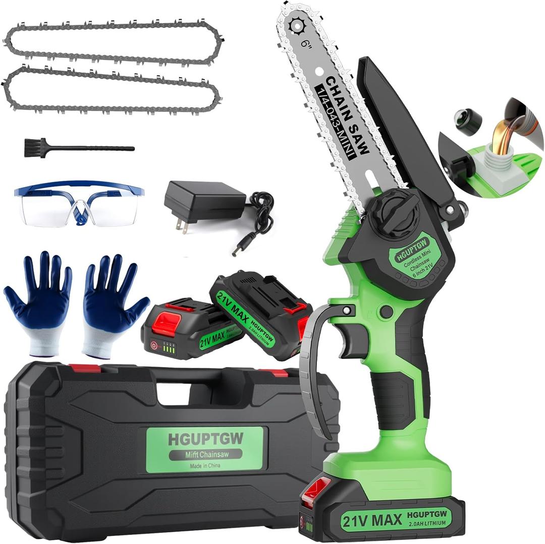 6 Inch Mini Chainsaw Cordless,Auto-Oiler and Tool-Free Adjustment Mini Chain Saw21V 2000 Mah Rechargeable Battery Powered Electric Chainsaw for Tree Trimming Wood Cutting (Green)