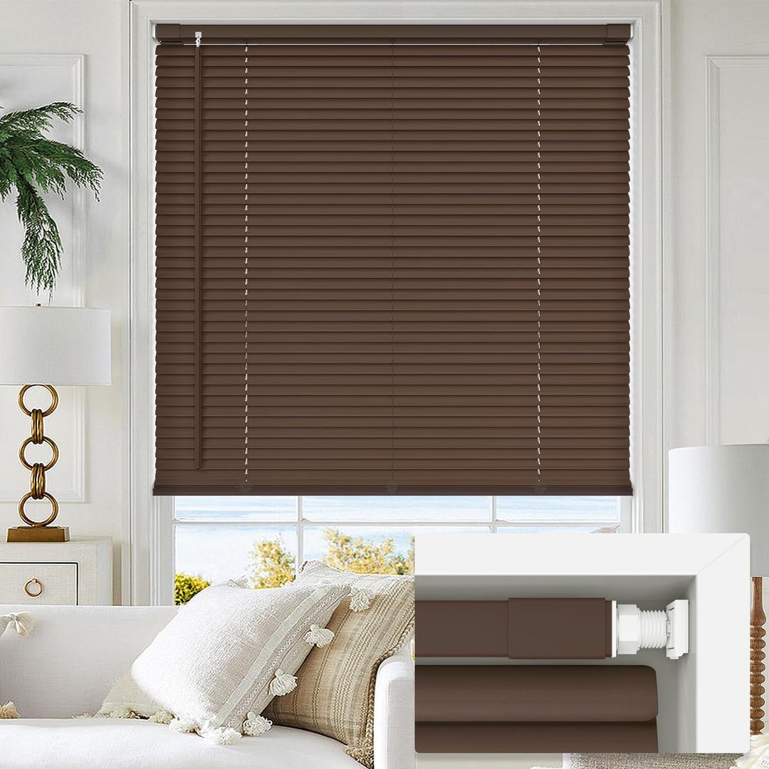LazBlinds No Tools No Drill 1" Vinyl Mini Blinds, Cordless Blinds for Windows, Light Filtering Horizontal Window Blinds & Shades, 35" W x 64" H, Mahogany
