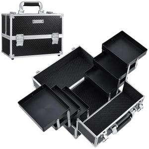 FRENESSA Makeup Train Case Makeup Case 11.8 Inch Large Cosmetic Box Organizer Travel Storage Professional Make Up Train Carrying Case with 6 Trays Locking Hard Vanity Storage Black (Black)