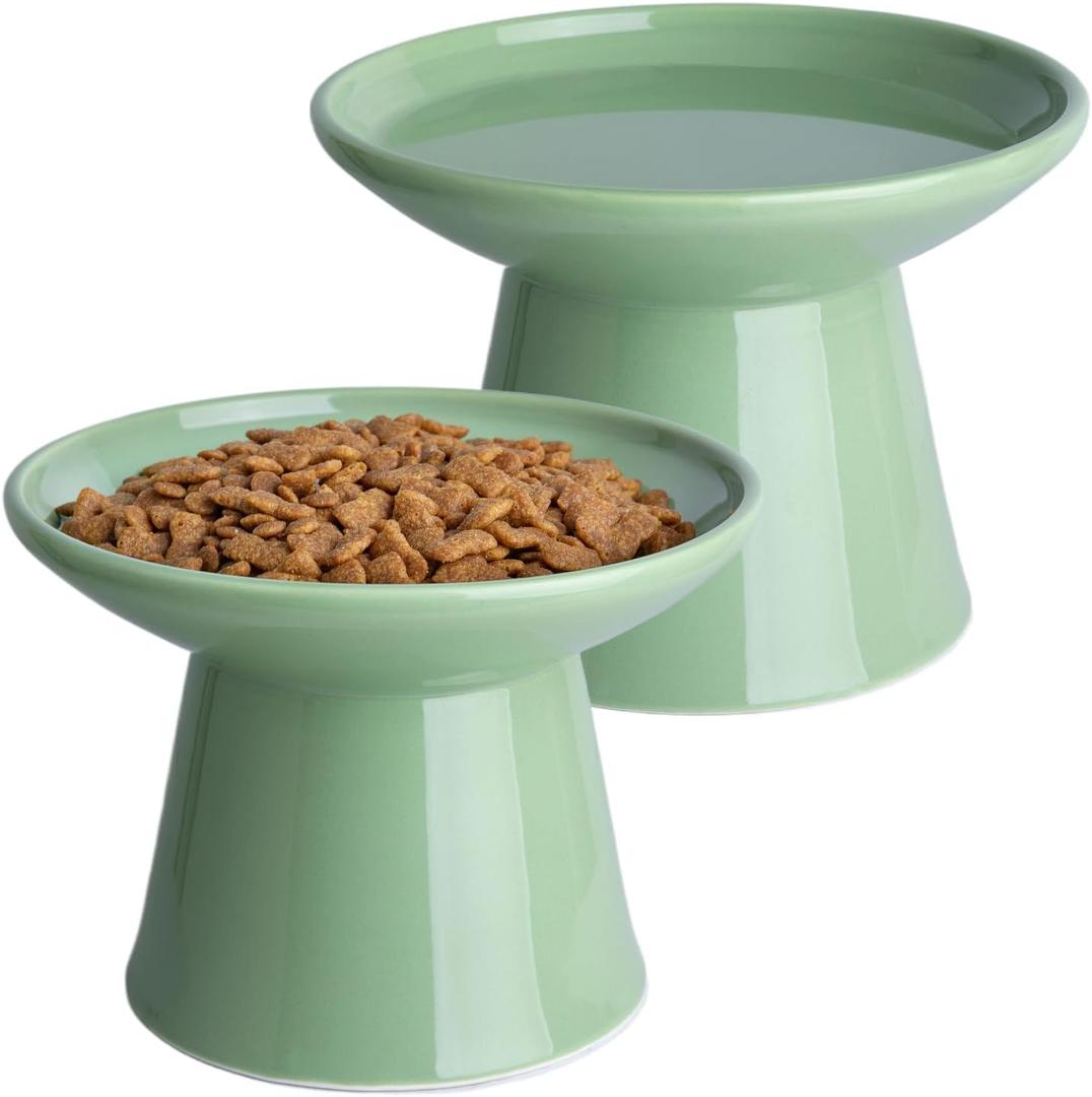 KITCHENLESTAR 6.2 Inch Extra Wide Elevated Ceramic Cat Bowls, Food and Water Bowl Set for Elder Big Cats Small Dogs, Raised Design for Pet Easy Eating, Protect Cat's Spine Set of 2(Light Green)