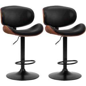DUMOS Swivel Bar Stools Set of 2, Adjustable Counter Height Bentwood BarStools, PU Leather Upholstery Bar Chair with Ergonomic Back and Footrest, Counter Stools for Bar, Home Kitchen Island, Black
