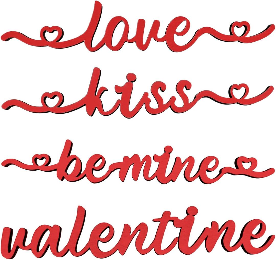 12 Pcs Red Valentine's Day Tabletop Wood Cutouts with Love Kiss Valentine Be Mine Sign Wooden Plate Letter Sign Decor for Valentine's Day Christmas Party Favor Decoration (Red)