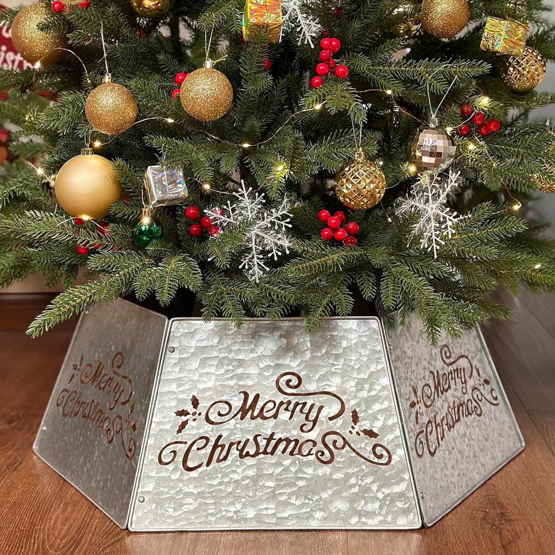 28" Christmas Tree Collar for Pencil Tree, Metal Tree Collar with Hollow-Out Design, Pet-Proof Christmas Tree Collars for Artificial Trees, Secure & Reusable Holiday Decor (Galvanized)