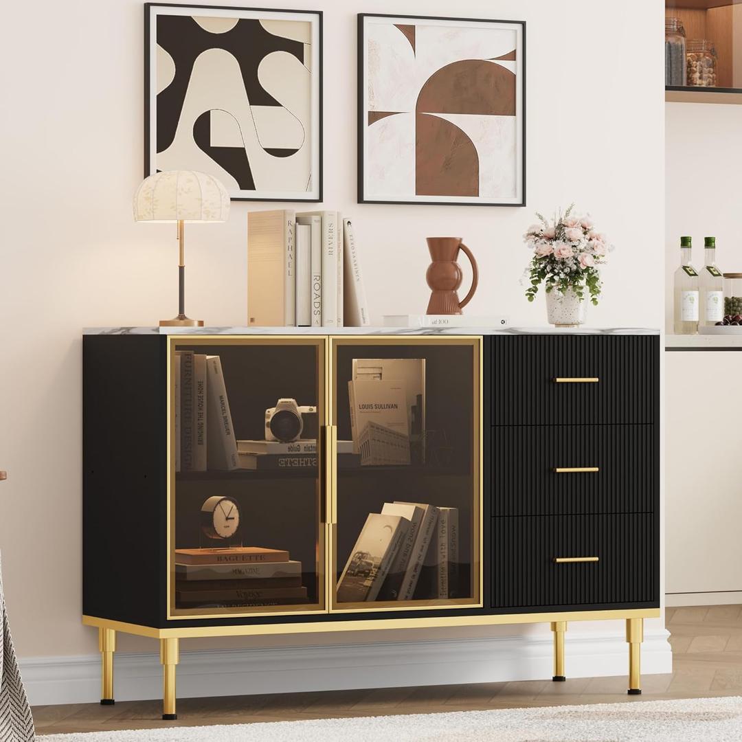 Garvee Buffet Sideboard Cabinet with Storage, 46.4 in Large Fluted Kitchen Sideboard Cabinet with 2 Glass Doors 3 Drawers and Shelves, Faux Marble Top Buffet Table for Dining Room, Living Room, Black