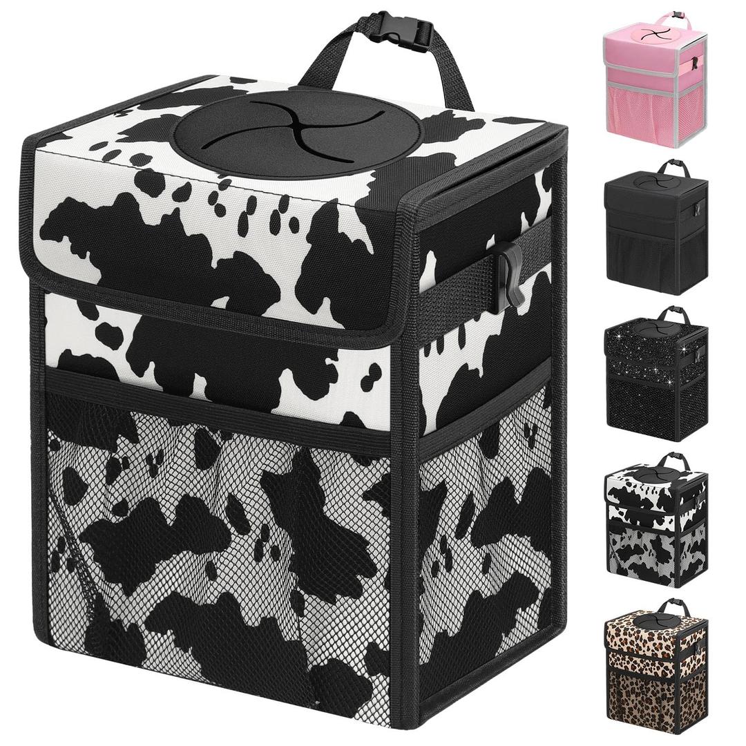 Capolo Car Trash Can with Lid, Leakproof Car Trash Bag Hanging Waterproof Automotive Garbage Can with Storage Pockets Mini Vehicle Trash Bin for Back/Front Seat(Cow Print,2.5 Gallon)