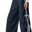 Fisoew Womens Wide Leg Track Pants Casual Elastic Waist Bow Tie Y2K Baggy Sweatpants with Pockets Navy, S