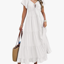 ECOWISH Womens Summer Maxi Dress 2025 Flutter Short Sleeve V Neck Tie Front Wedding Guest Vacation Tiered Flowy Dresses white, XL Size