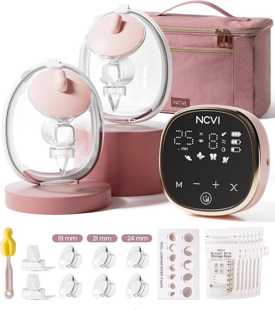 NCVI Wearable Breast Pump, in-Bra Hands-Free Electric Pump with Hospital-Grade -300mmHg Suction, Portable & Rechargeable, 4 Modes 9 Levels for Home, Work & On-the-Go