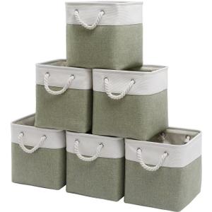 Fabric Storage Cubes 13 x 13, Collapsible Storage Bins for Shelf Baskets, Cube Storage Organizer White Green Bins with Cotton Handles, Foldable Storage Bin box, Cube Storage Bin 6 Pack