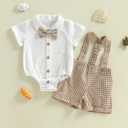 Newborn Baby Boy Gentleman Outfit Summer Short Sleeve Button Up Bowtie Dress Shirt Romper Plaid Suspender Shorts Set (White)