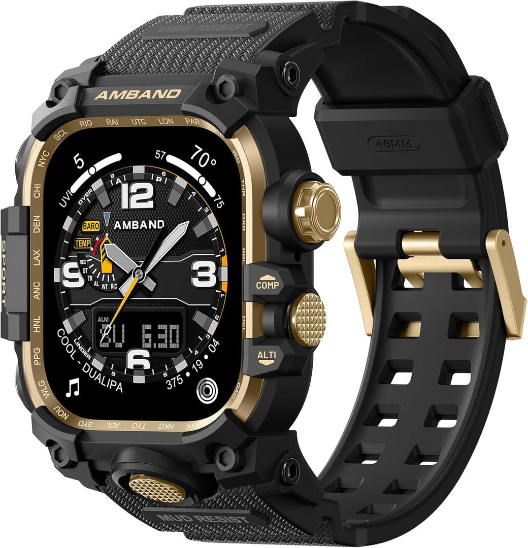 amBand Rugged Case with Band for Apple Watch 46mm, Compatible with Apple Watch (iWatch) Series 10 11, Military Grade Shockproof Bumper Cover, Tactical Band for Men, Black Gold