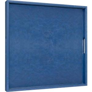 Large 20 x 20 inches Square Leather Ottoman Coffee Table Food Serving Tray with Handles for Decorative Living Room, Butler - Countertop, Kitchen, Family Dinner, Picnic - Blue