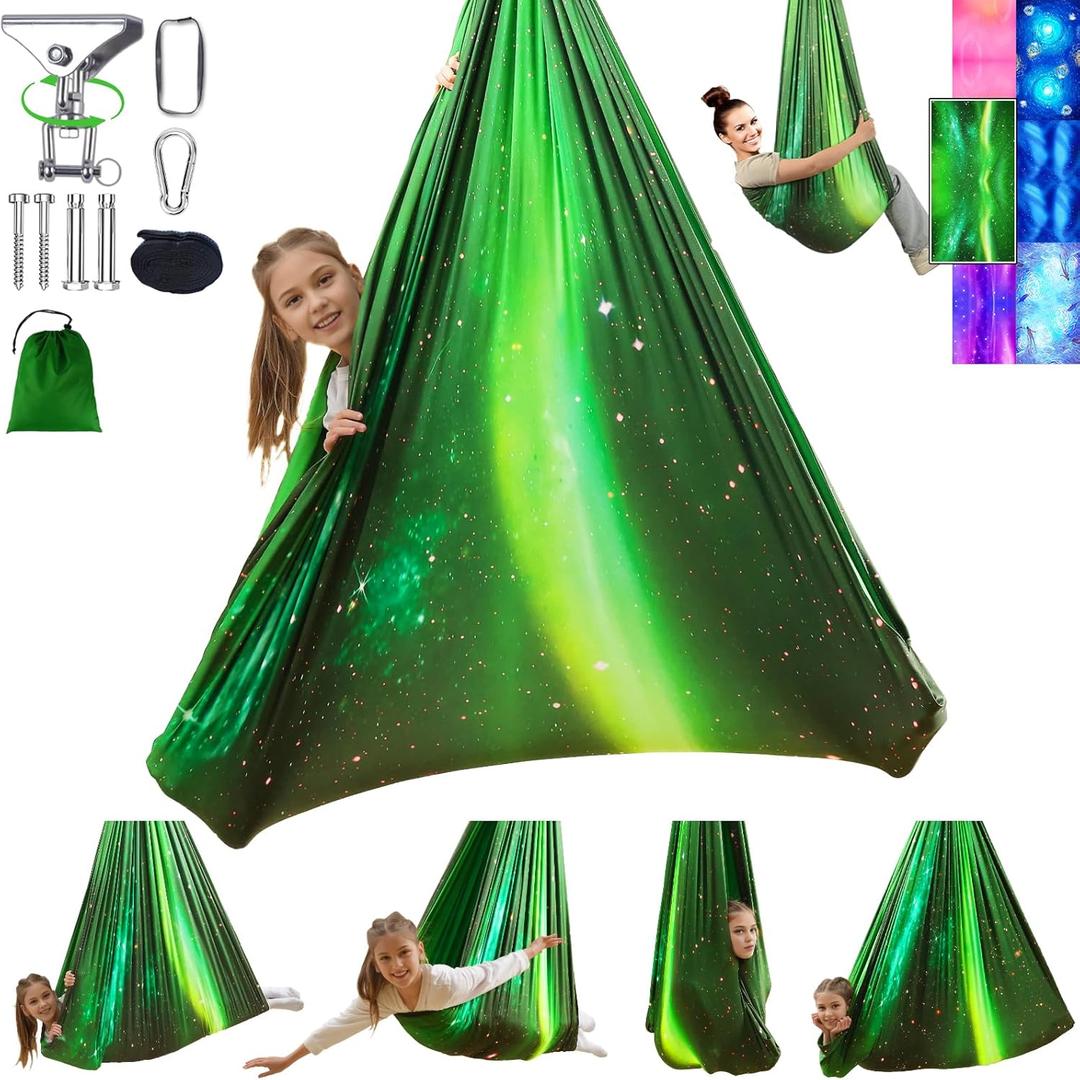 Sensory Swing for Kids and Adults Indoor & Outdoor Double Layer Therapy Cuddle Holds up to 300lbs Adjustable Hammock Chair with 360 Swivel Hanger Kit Effect for Aspergers Autism ADHD(Green)