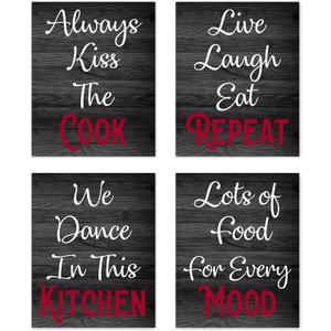 Retro Vintage Inspirational Rules Wall Art for Dining Room Kitchen Cafe and Restaurant Decor Red Black and White Prints Posters Signs Sets Home Decorations Funny Sayings Quotes We Dance in This Kitchen Unframed (Set of 4) 8”x10”