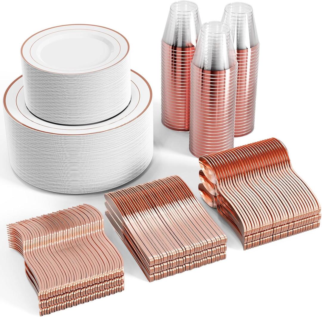 FOCUSLINE 600 Ct Rose Gold Dinnerware Set for 100 Guests - Rose Gold Rimmed White Disposable Plastic Plates, Includes 100 Dinner & Salad Plates, Cups, Cutlery Set for Wedding Parties