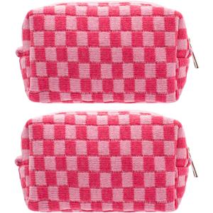 PAZIMIIK Checkered Makeup Bag for Purse Portable Zipper Make Up Pouch Small Cosmetic Case for Travel Accessories (2PCS Hotpink)