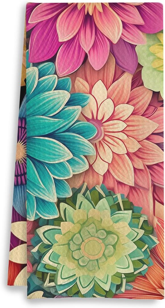 Vibrant Floral Kitchen Towels - Colorful Flowers Dish Towels for Kitchen, Floral Hand Towels for Bathroom, Colorful Bathroom Kitchen Decor, 16x24 Inch, Small