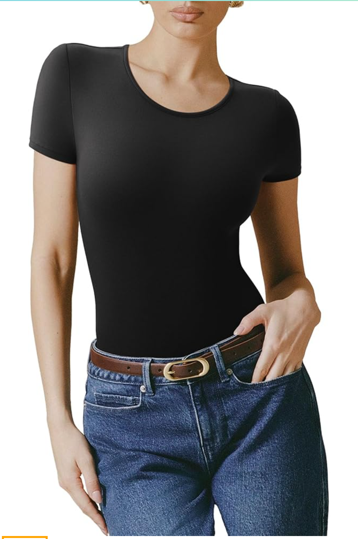 REORIA Women's Short Sleeve Round Neck Body Suits Fashion T-shirt Tops Bodysuits for women XS