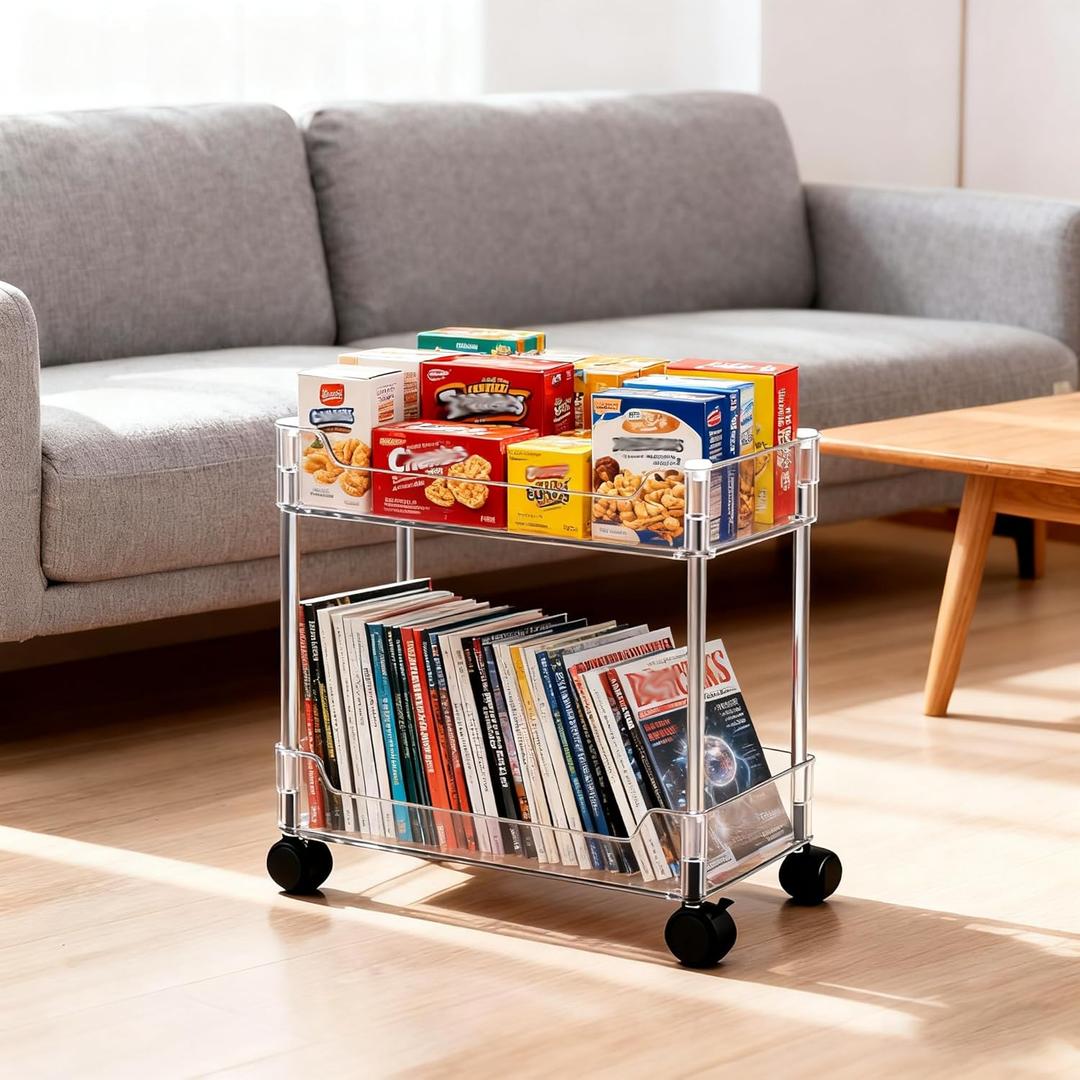 Betoveren 2 Tier Utility Rolling Cart Storage Organizer with Wheels Under Desk Mobile Bathroom Cart Organizer for Office Bathroom Home Kitchen Organization Transparent (Width 8.85 Inches)