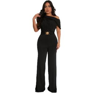 HWP Women's Dressy Jumpsuits Summer Casual Sleeveless Off Shoulder Wide Leg Long Pant Romper (Black, XL)