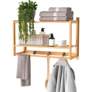 ClosetMaid Bamboo Wall Shelf with Towel Bar, 3 Hooks, Wall Mount Storage Shelves, 2 Tier, Organizer Rack, Natural Finish