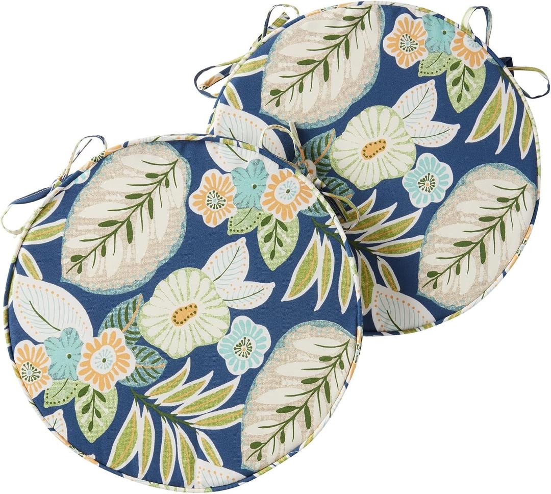 Set of 2 Outdoor 18 inch Round Patio Dining Chair Pads – Comfortable Fiber-Filled Seat Cushions with Ties, Reversible Polyester Fabric, Marlow Blue Floral, 18" x 18" x 2.5"