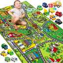 JOYIN Carpet Playmat w/ 12 Cars Pull-Back Vehicle Set for Kids Age 3+, Jumbo Play Room Rug, City Pretending Play