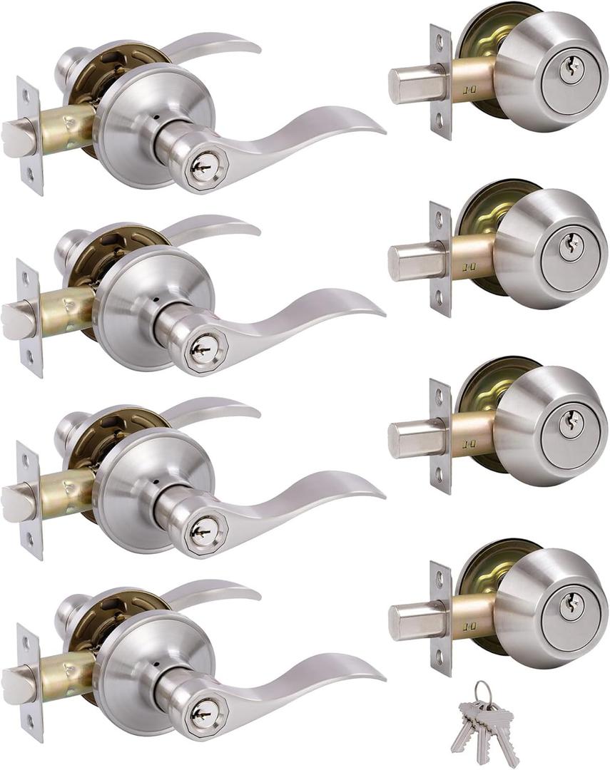 (4 Pack Keyed Alike Front Door Lever Lockset with Single Cylinder Deadbolt Combination Set， Wave Style Lever, Front Door/Exterior Door Knob with Lock and Deadbolt，Satin Nickel Finished