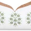 Hofdeco Premium Coastal Patio Indoor Outdoor Lumbar Pillow Cover Only, 12"x20" Water Repellent for Backyard, Couch, Green Embroidered Floral with Fringe