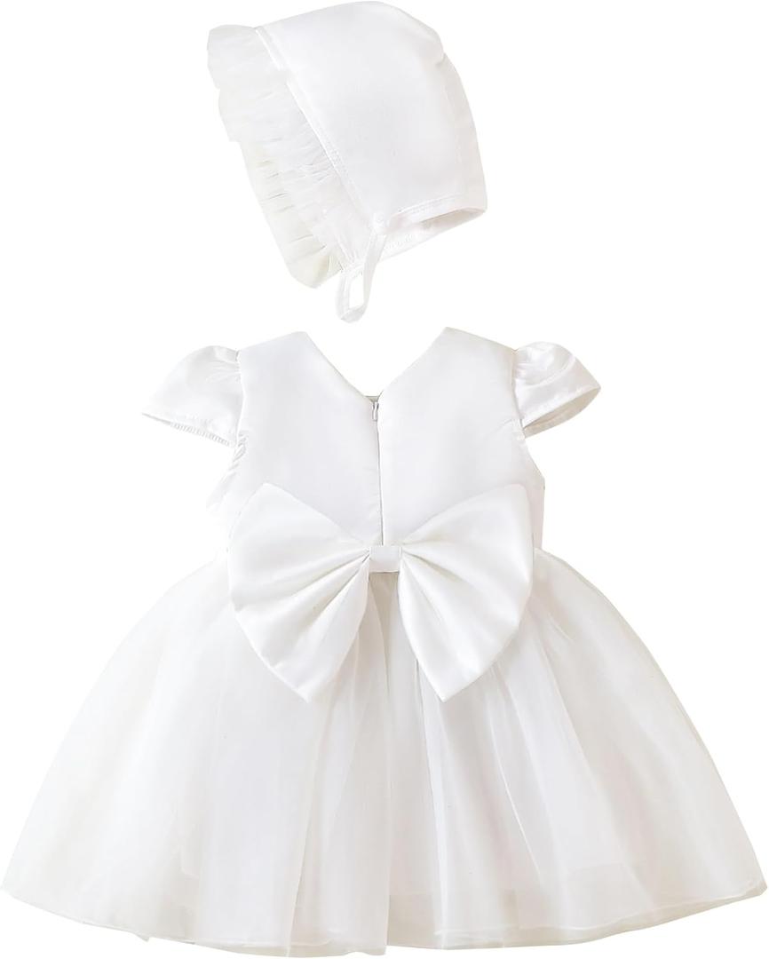 Newborn Baby Girl Christening Dress White Baptism Lace Long Sleeve Fall Wedding Dresses with Bonnet Outfit (0-3 Months)