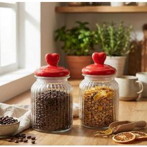 Valentine's Day Cookie Jars Glass Candy Jar with Heart Lids Decorative Heart Containers Food Storage Canister with Airtight Lid for Valentines Party Table Decoration (Red Lid 2 Pack), 32oz