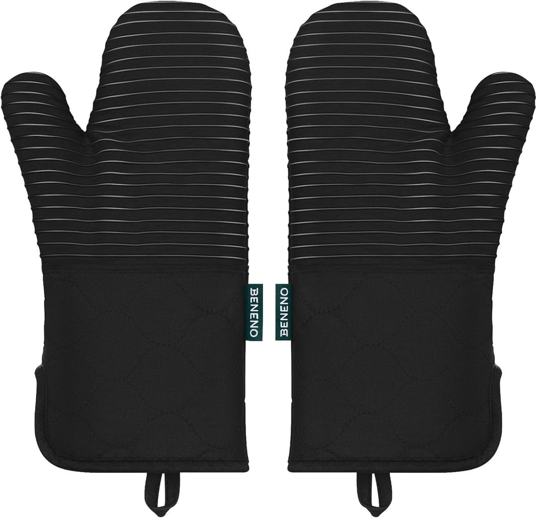 Beneno Kitchen Oven Mitts 2-Pack Heat Resistant to 500F with Non-Slip Silicone Grip, Extra Long 14.3" Forearm Protection, Soft Quilted Cotton Terry Lining, Ideal for Cooking, Baking, Grilling, Black