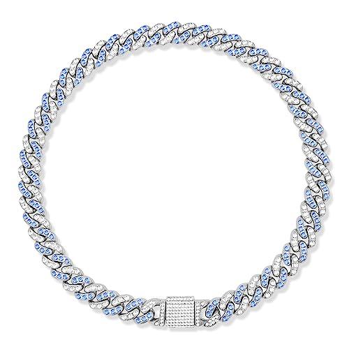 WimuPath Silver-Plated Blue Diamond Dog Collar - Cuban Style Metal Chain with Secure Buckle, Luxury Durable Collar for Small/Medium/Large Dogs & Puppies