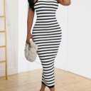 Women's Casual Ribbed Sleeveless Striped Slim Fit Bodycon Pencil Midi Tank Dress for Summer (Blue, XXL)